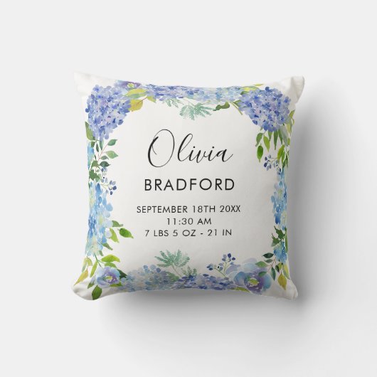 Waterverf Blue Hydrangeas Wreath Nursery Pillow Kussen (Voorkant)