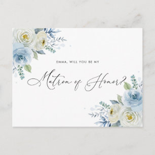 Waterverf Blue & Ivory Rozen Matron of Honor Briefkaart