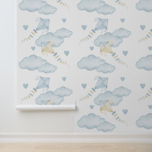 Waterverf Blue Kites Clouds Baby Boy Nursery Behang