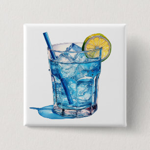 Waterverf Blue Lagoon Cocktail Drink Vierkante Button 5,1 Cm