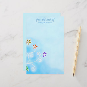 Waterverf Blue met Whimsical Flowers Personal Briefpapier