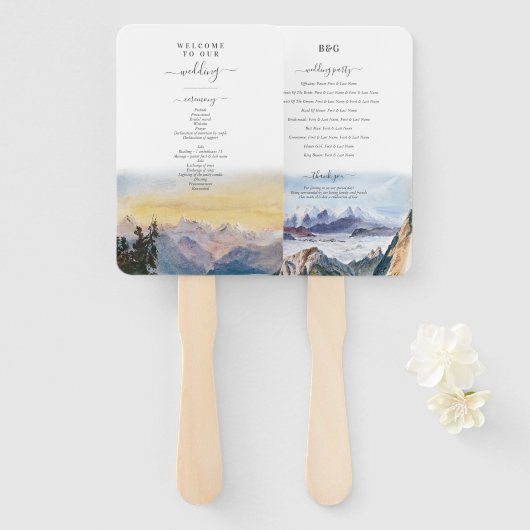 Waterverf Blue Mountains Pine Wedding Handwaaier (Voorkant en achterkant)