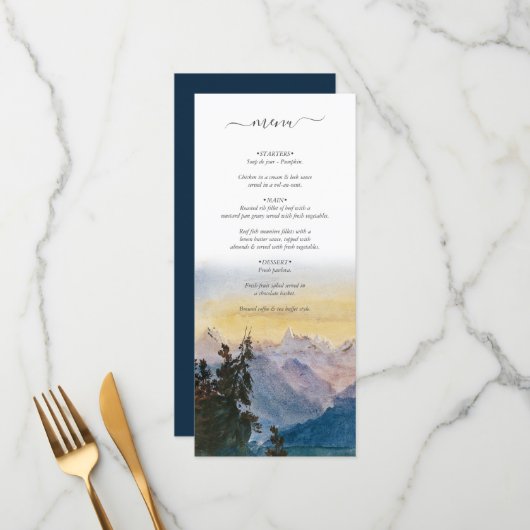Waterverf Blue Mountains Pine Wedding Menu (Voorkant / Achterkant in situ)