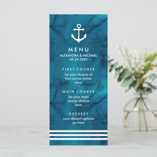 Waterverf Blue Nautical Wedding Menu (Staand voorkant)