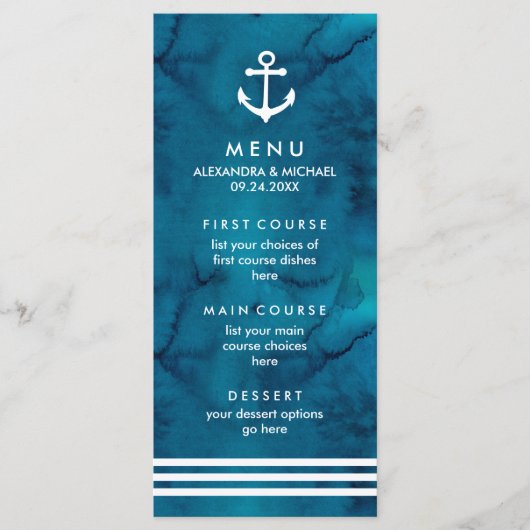 Waterverf Blue Nautical Wedding Menu (Voorkant)
