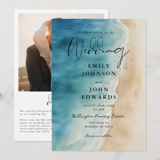 Waterverf Blue Ocean Beach Foto QR Code Huwelijk Kaart (Voorkant / Achterkant)