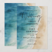 Waterverf Blue Ocean Beach Sand Wedding Kaart (Voorkant / Achterkant)