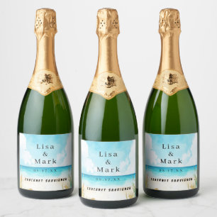 Waterverf Blue Ocean Beach Wijnlabels Sparkling Wijnetiket