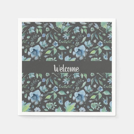 Waterverf Blue op Dark Grey Floral Custom Servet (Voorkant)