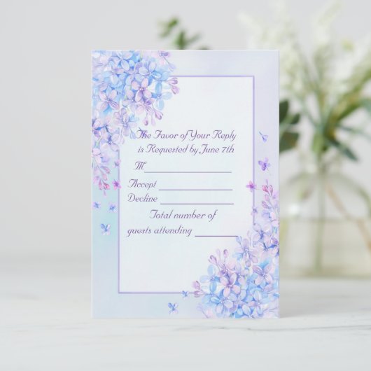 Waterverf Blue Paars Lila Flower Wedding RSVP (Staand voorkant)