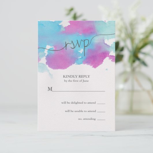 Waterverf Blue Paars Wedding RSVP (Staand voorkant)