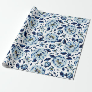 Waterverf Blue Peony Flower Pattern Cadeaupapier