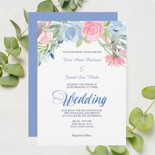Waterverf Blue Pink Floral Weddenschap Kaart