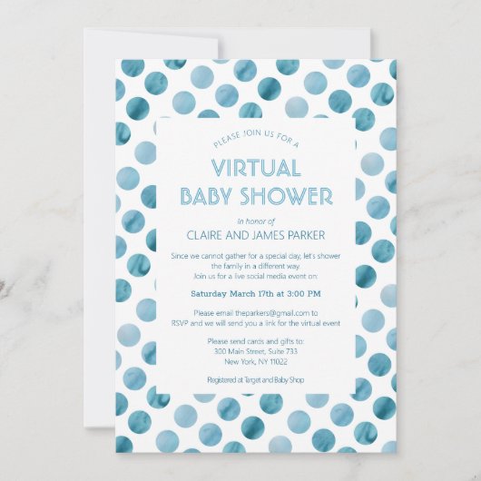 Waterverf Blue Polka Dot Virtual Baby shower Kaart (Voorkant)