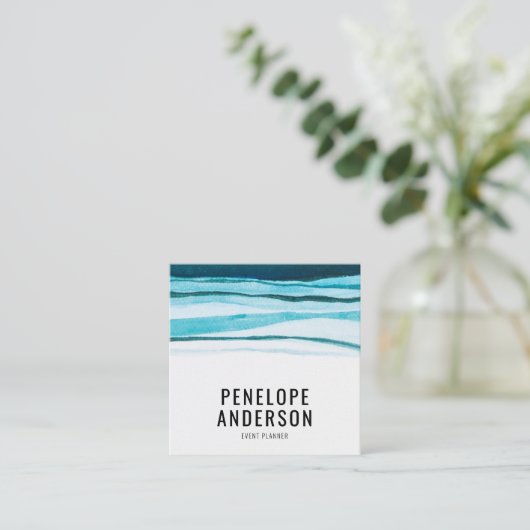 Waterverf Blue QR Code Abstracte golvende lijnen o Vierkante Visitekaartje (Staand voorkant)