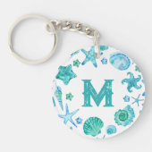 Waterverf Blue Sea Shells en Starfish Monogram Sleutelhanger (Voorkant)