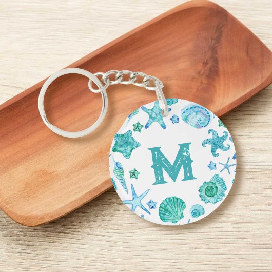 Waterverf Blue Sea Shells en Starfish Monogram Sleutelhanger