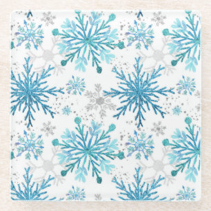 Waterverf Blue & Silver Glitter Winter Snowflake Glazen Onderzetter