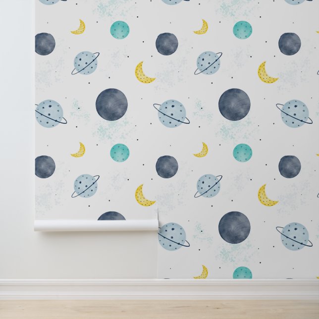 Waterverf Blue Space Planet Patroon Behang (Applicatie)