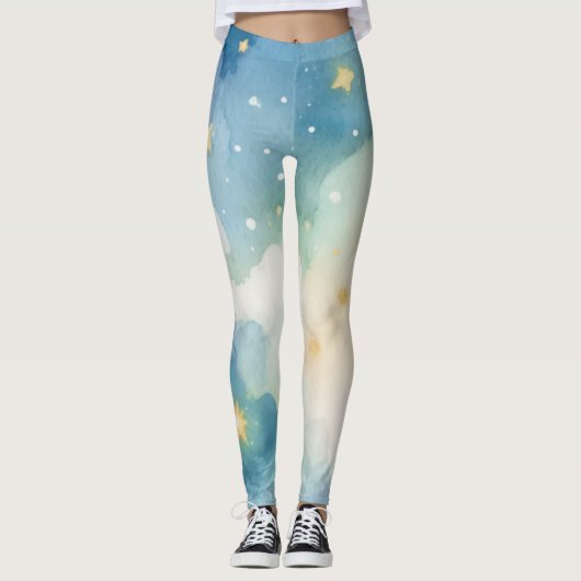 Waterverf Blue Starry Sky Leggings (Voorkant)