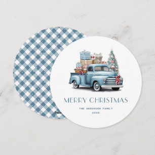 Waterverf Blue Truck Gingham Pset-kerstkaart Feestdagenkaart