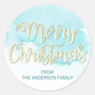 Waterverf Blue Turquoise Gold Glitter Kerstmis Ronde Sticker