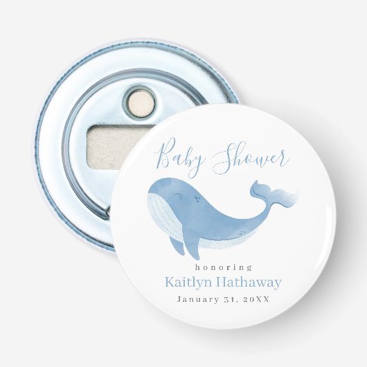 Waterverf Blue Whale Baby shower Button Flesopener (Voorkant)
