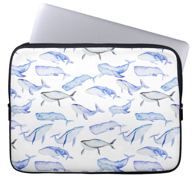 Waterverf Blue Whale Patroon Laptop Sleeve (Voorkant)
