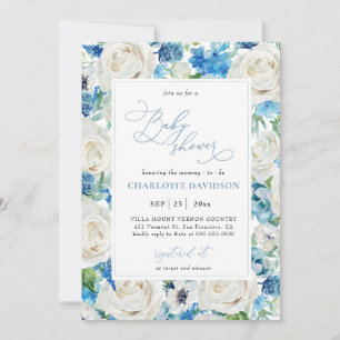 Waterverf Blue White Floral Boy Baby shower  Kaart
