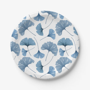 Waterverf Blue & White Gingko Foliage Pattern Papieren Bordje