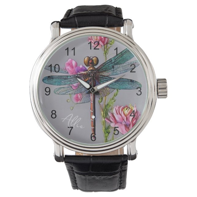 Waterverf Blue Wing Dragonfly Horloge (Voorkant)