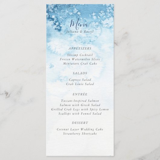 Waterverf Blue Winter Wedding Menu (Voorkant)