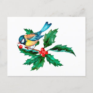 Waterverf Blue Yellow Bird op Holly Berry Branch Briefkaart