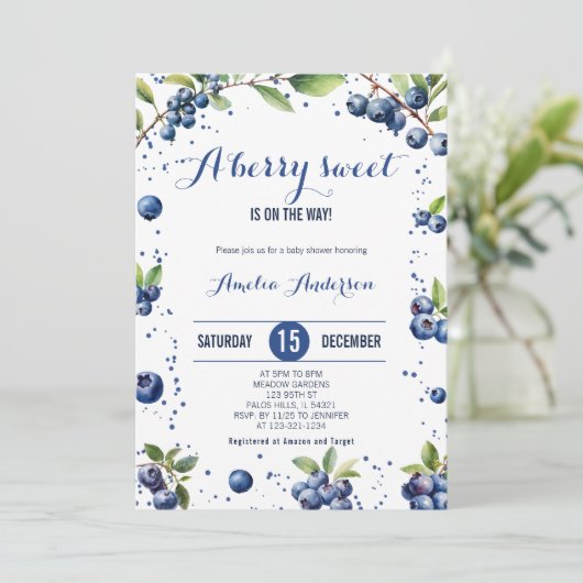 Waterverf Blueberry een Sweet Berry Boy Baby showe Kaart (Staand voorkant)