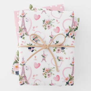 Waterverf Blush Bloemen Eiffeltoren Patroon Inpakpapier Vel