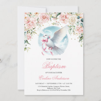 Waterverf blush bloesemkrans schattig duif doopsel kaart