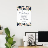 Waterverf Blush en Navy Flowers Huwelijk Welkom Poster (Thuiskantoor)