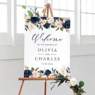 Waterverf Blush en Navy Flowers Huwelijk Welkom Poster