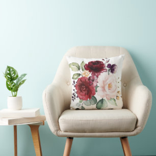 Waterverf Blush en Wijn Bloem Nieuwgehuwden Kussen