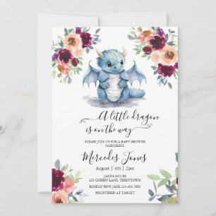 Waterverf Blush Floral Blue Dragon Baby shower Kaart