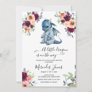 Waterverf Blush Floral Blue Dragon Baby shower Kaart