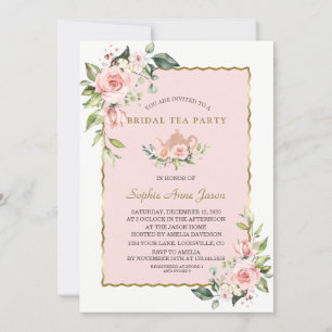 Waterverf Blush Floral Gold Bridal Tea Party Kaart