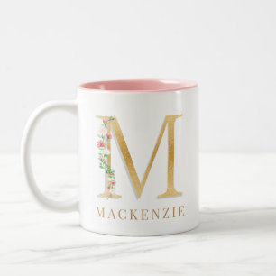 Waterverf Blush Floral Gold Letter M Monogram Tweekleurige Koffiemok