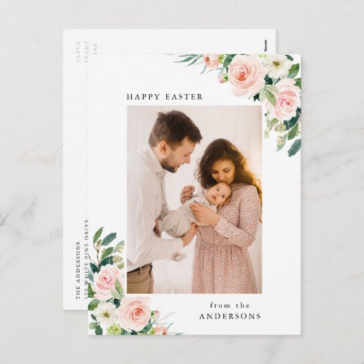 Waterverf Blush Floral Paasfoto Feestdagenkaart (Voorkant / Achterkant)