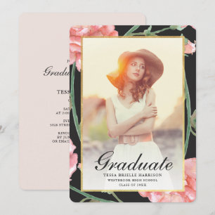 Waterverf Blush Floral Photo Afstuderen Black Kaart