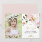 Waterverf Blush Flowers First Heilige Communie Bedankkaart (Voorkant / Achterkant)
