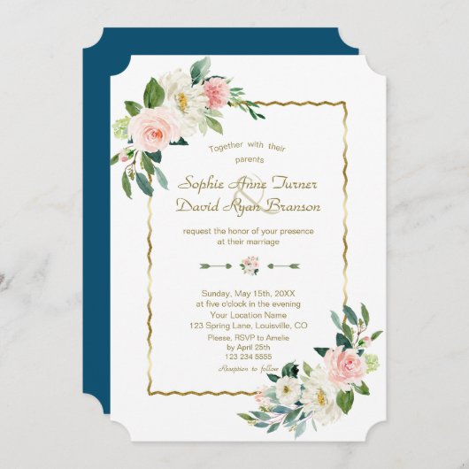 Waterverf Blush Flowers Gold Navy Wedding Kaart (Voorkant / Achterkant)