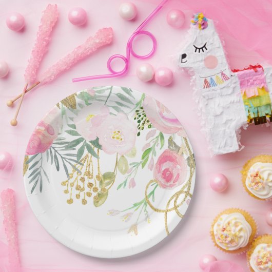 Waterverf Blush Gold Floral Vrijgezellenfeest Papi Papieren Bordje (Feest)