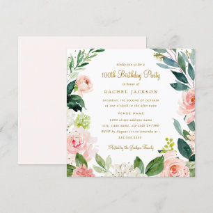 Waterverf Blush Gouden Bloemen 100e Verjaardag Uit Kaart