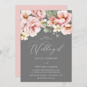 Waterverf Blush & Grijs Bloemen Bruiloft Kaart (Voorkant / Achterkant)